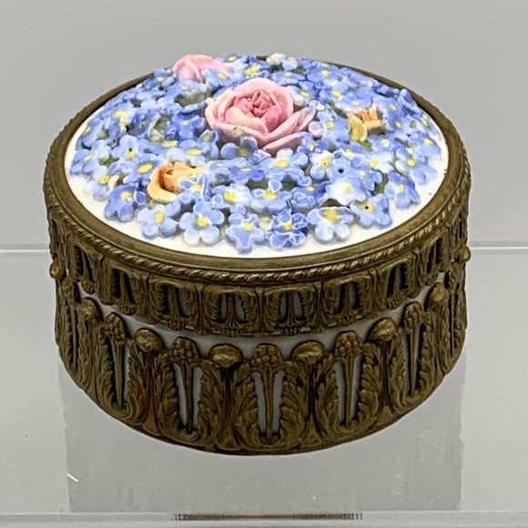 Antiq German Elfinware Powder Box Forget Me Not Metal Ormolu Jewelry Box 1920s - Picture 1 of 16
